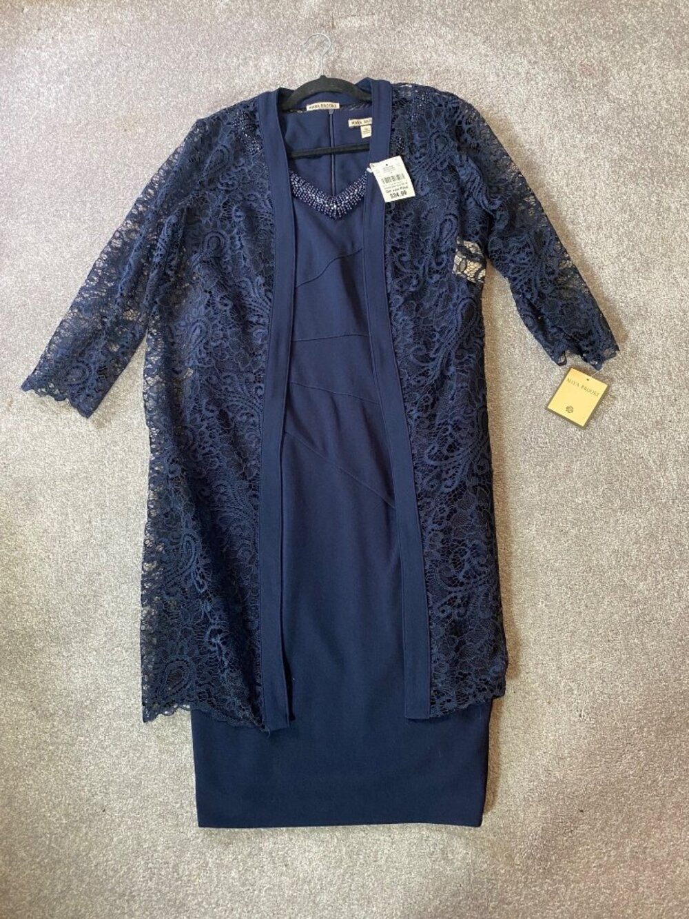NWT Maya Brooke Navy Blue Beaded Sleeveless Dress & Lace Jacket Set Size 14